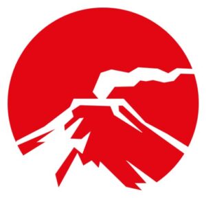 Czerwony symbol przedstawiający górę w okręgu, z wyraźnymi konturami.