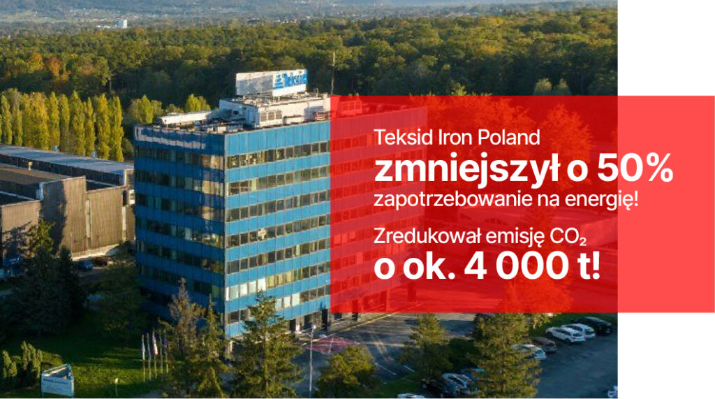 Budynek biurowy Teksid Iron Poland z logo na dachu i otoczeniem zieleni.